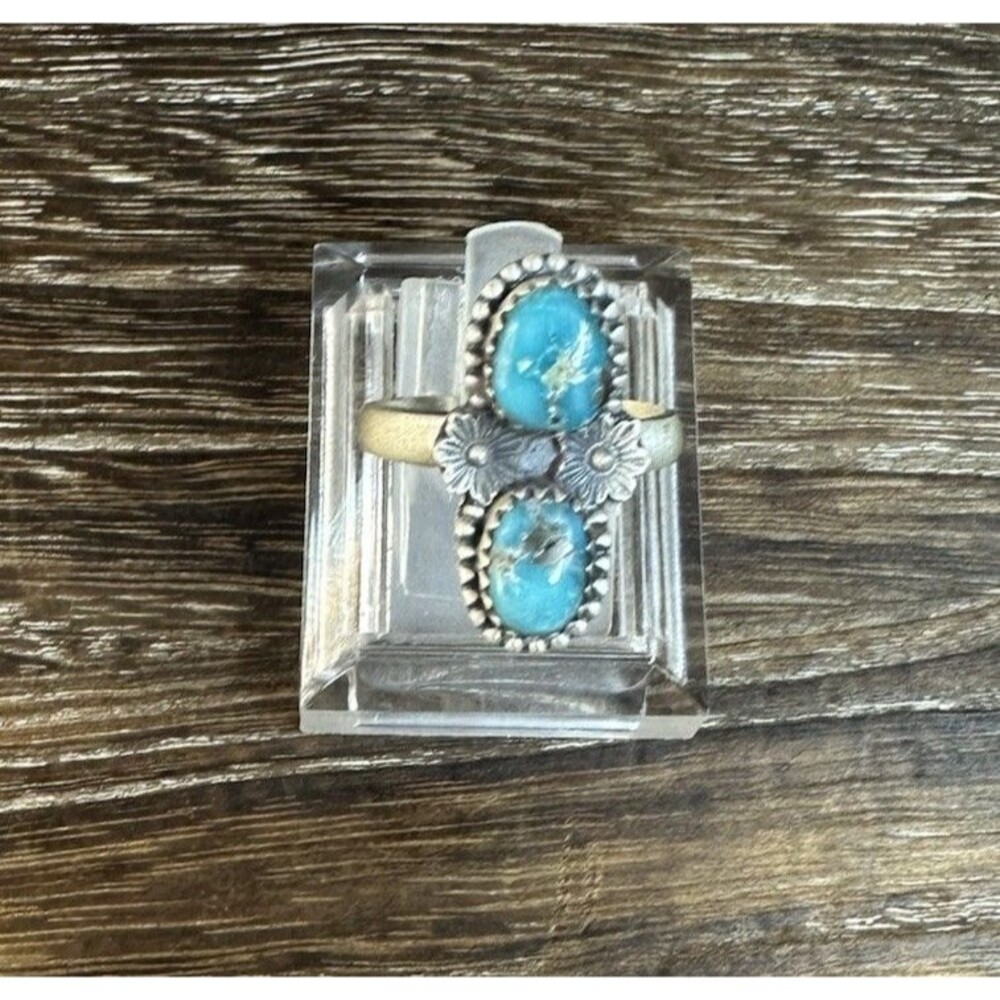 Native Southwest Style 925 Sterling 2 Stone White Water Turquoise Ring 7 Adj